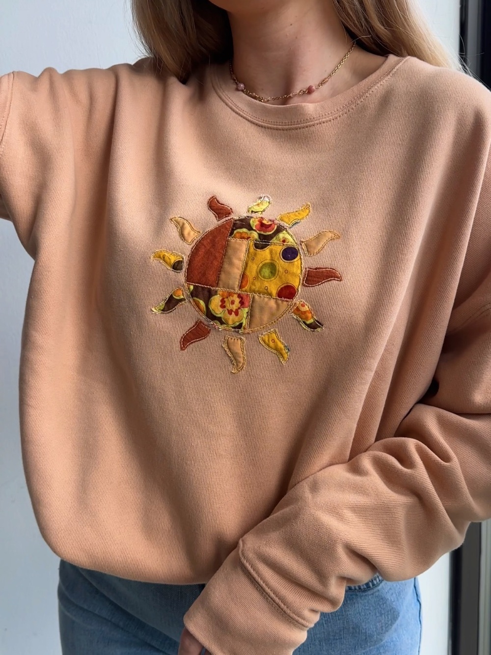 NWT Peach Embroidered Sun Appliqué Crewneck Sweatshirt